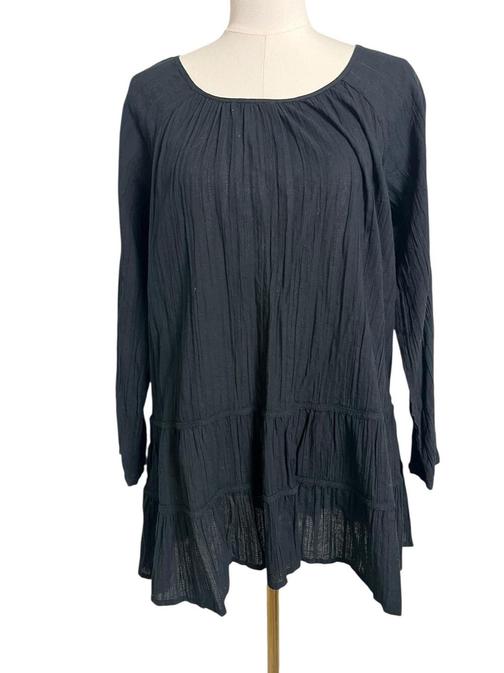 Ellos Tunic Blouse Womens M 14/16 Black Pleated Ruffle Long Sleeve Boho Top
